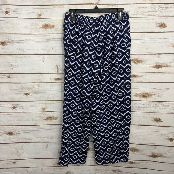 Loft Blue White Linen Blend Ikat Pull On Pants - Picture 4 of 5
